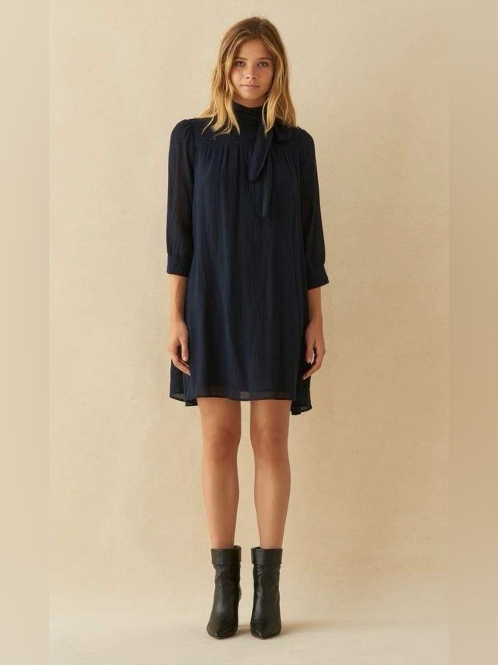 NWT BA&SH Pivoine Marine Navy Blue Mini Dress with Tie Neck Size 0
